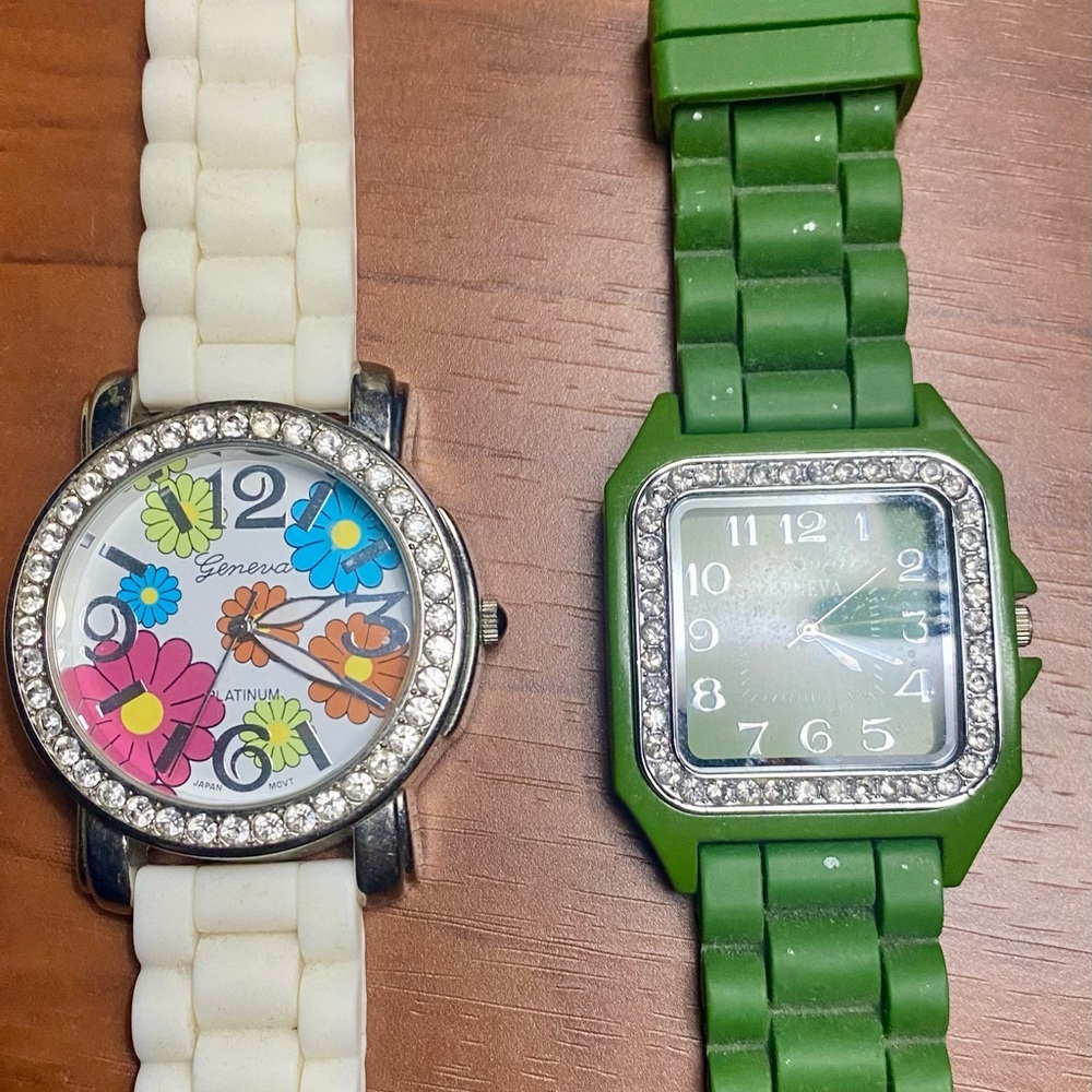Watch Bundle: 2 Geneva White and Green Watches with Crystal Accents